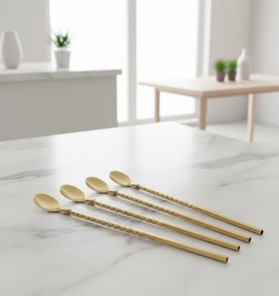 4 cuillères pailles en métal inoxydable