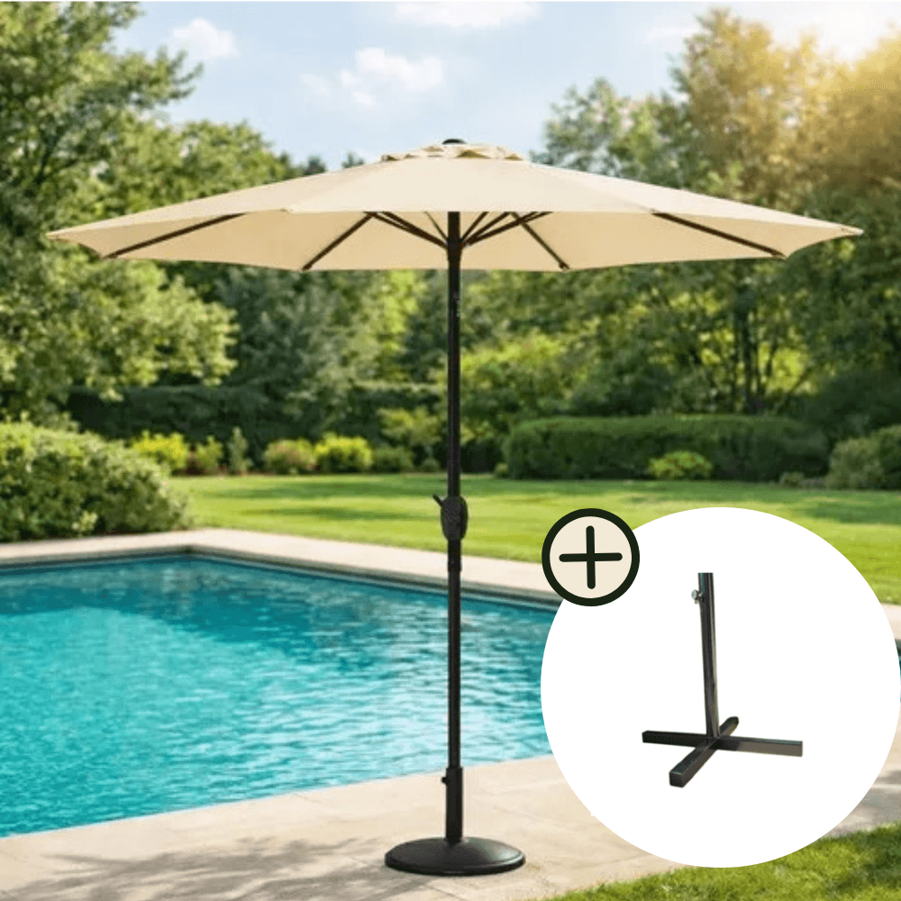 Parasol Beige 3m à 6 Baleines avec Inclinaison et Manivelle + Support Métallique